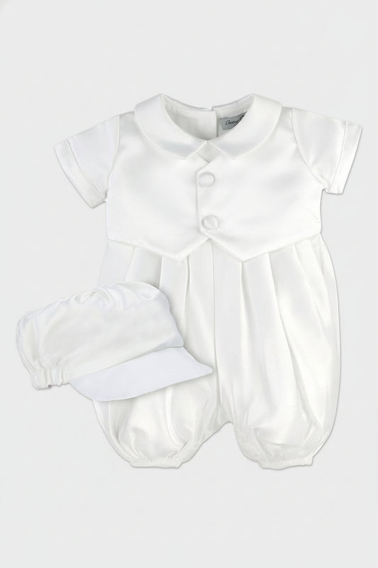 Satin Vested Baby Boy Christening & Baptism Romper with Hat 2