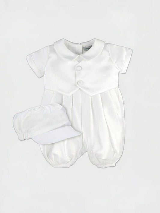 Satin Vested Baby Boy Christening & Baptism Romper with Hat 2