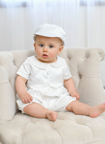 Satin Vested Baby Boy Christening & Baptism Romper with Hat