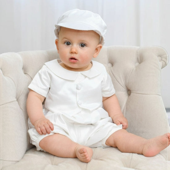 Satin Vested Baby Boy Christening & Baptism Romper with Hat