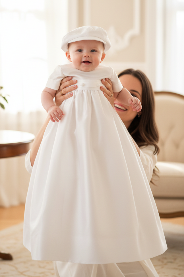 Unisex Christening Gown & Baptism Outfit with Hat Satin White Long