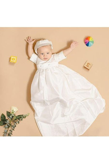 Satin White Long Baby Boy Christening Gown & Baptism Outfit with Hat