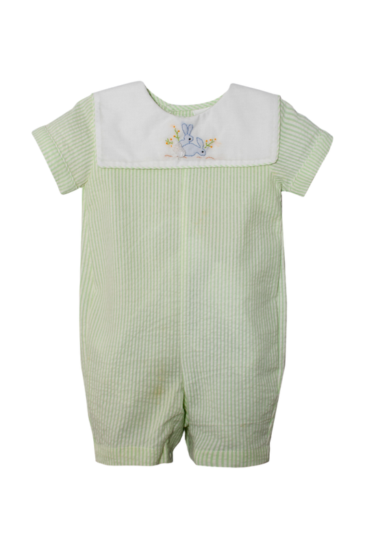 20139-Seersucker Baby Boy Shortall Green Smocked Bunnies