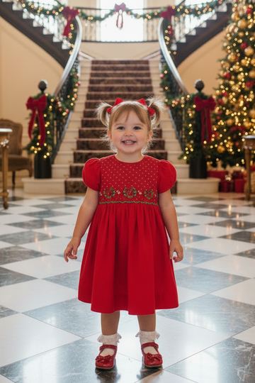 Smocked Christmas Corduroy Red Short Sleeve Toddler Girl Dress