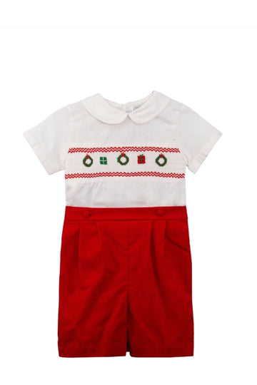 Smocked Christmas Decor Red Corduroy Boy Bobby Suit