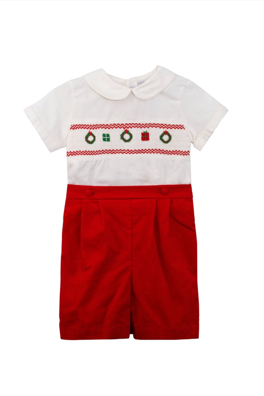 Smocked Christmas Decor Red Corduroy Boy Bobby Suit