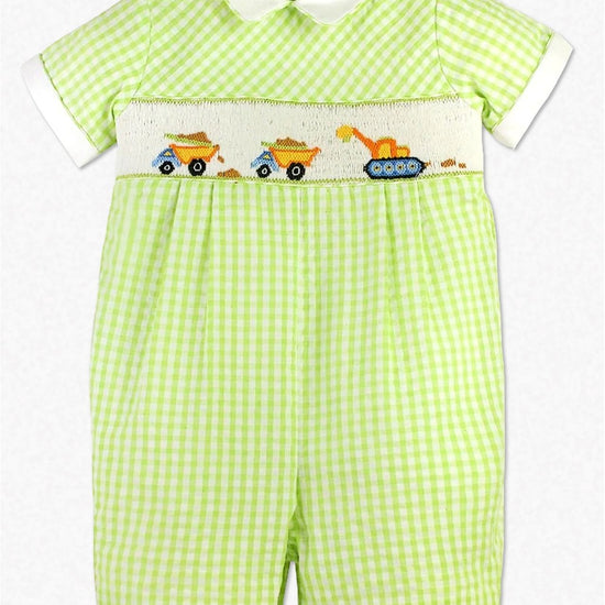 Smocked Construction Green Check Baby Boy Romper - Carriage Boutique