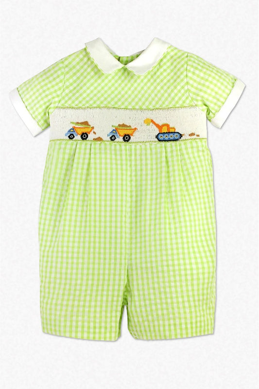 Smocked Construction Green Check Baby Boy Romper - Carriage Boutique