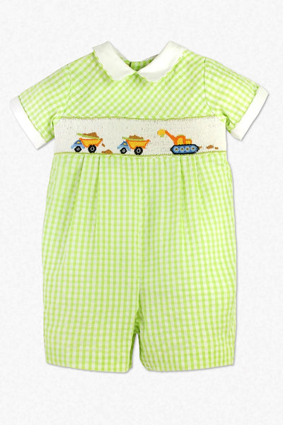 Smocked Construction Green Check Baby Boy Romper - Carriage Boutique