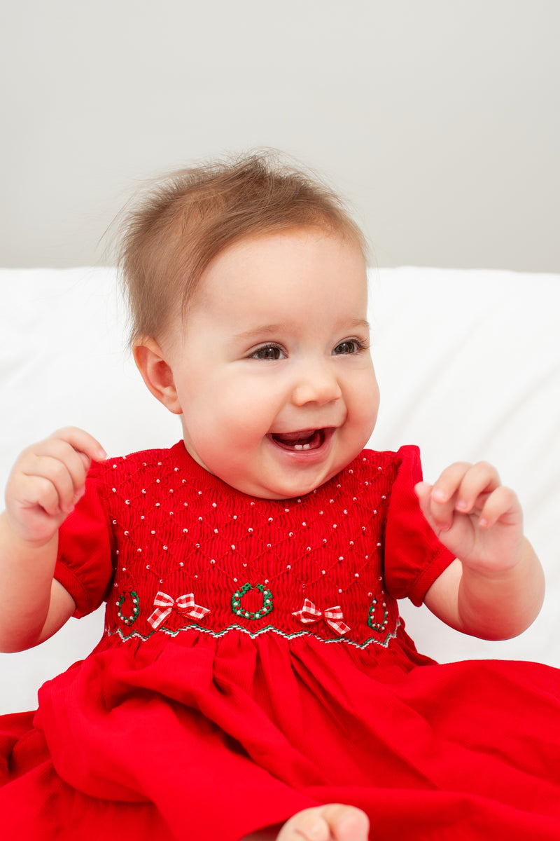 Smocked Corduroy Red Baby Girl Short Sleeve Dress with Panty 4