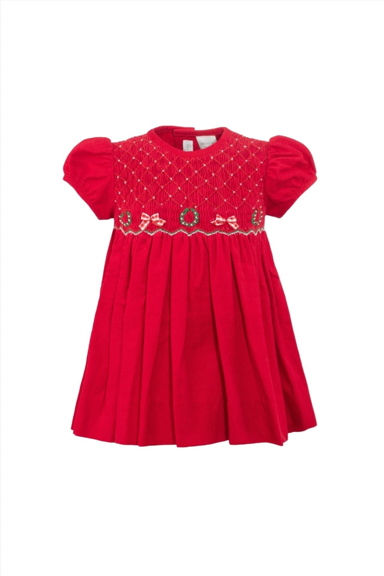 Smocked Corduroy Red Baby Girl Short Sleeve Dress with Panty