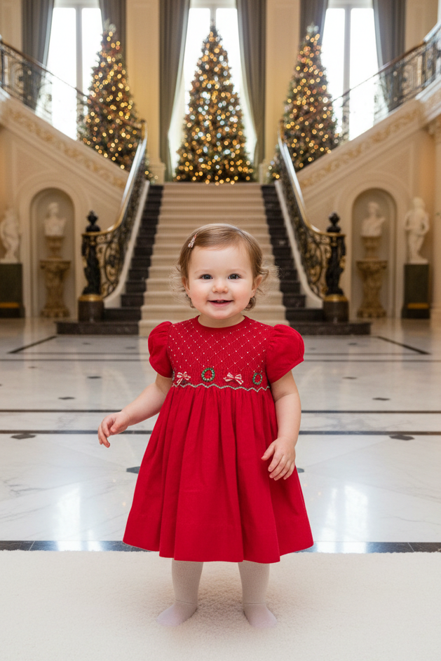 Smocked Corduroy Red Baby Girl Short Sleeve Dress with Panty