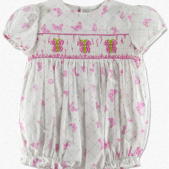 Smocked Pink Butterfly Baby Girl Bubble Romper - Carriage Boutique