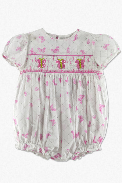 Smocked Pink Butterfly Baby Girl Bubble Romper - Carriage Boutique