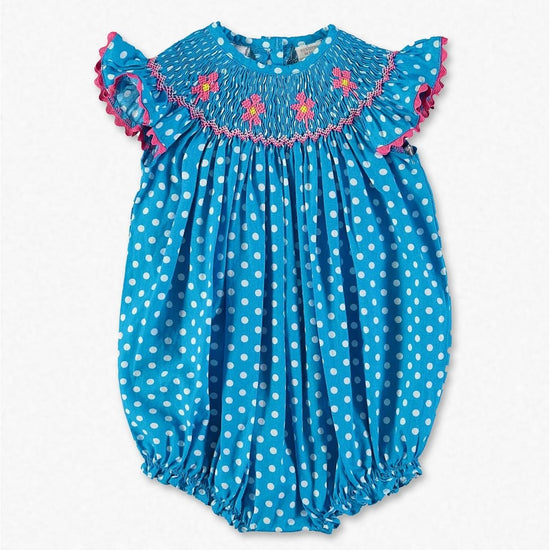 Smocked Pink Daisy Polka Dot Baby Girl Bubble - Carriage Boutique