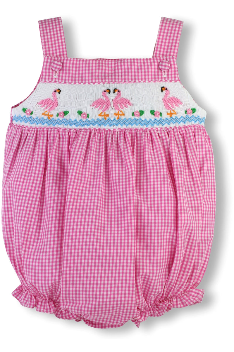 Smocked Pink Flamingos Summer baby Girl Bubble Romper - Carriage Boutique