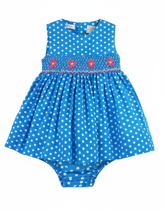 Smocked Polka Dot Flowers Baby Girl Sleeveless Dress - Carriage Boutique