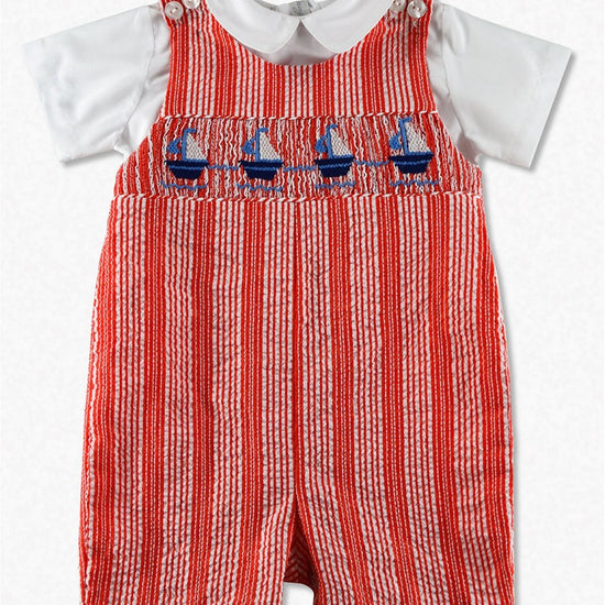 Smocked Sailboats Seersucker Baby Boy Romper - Carriage Boutique