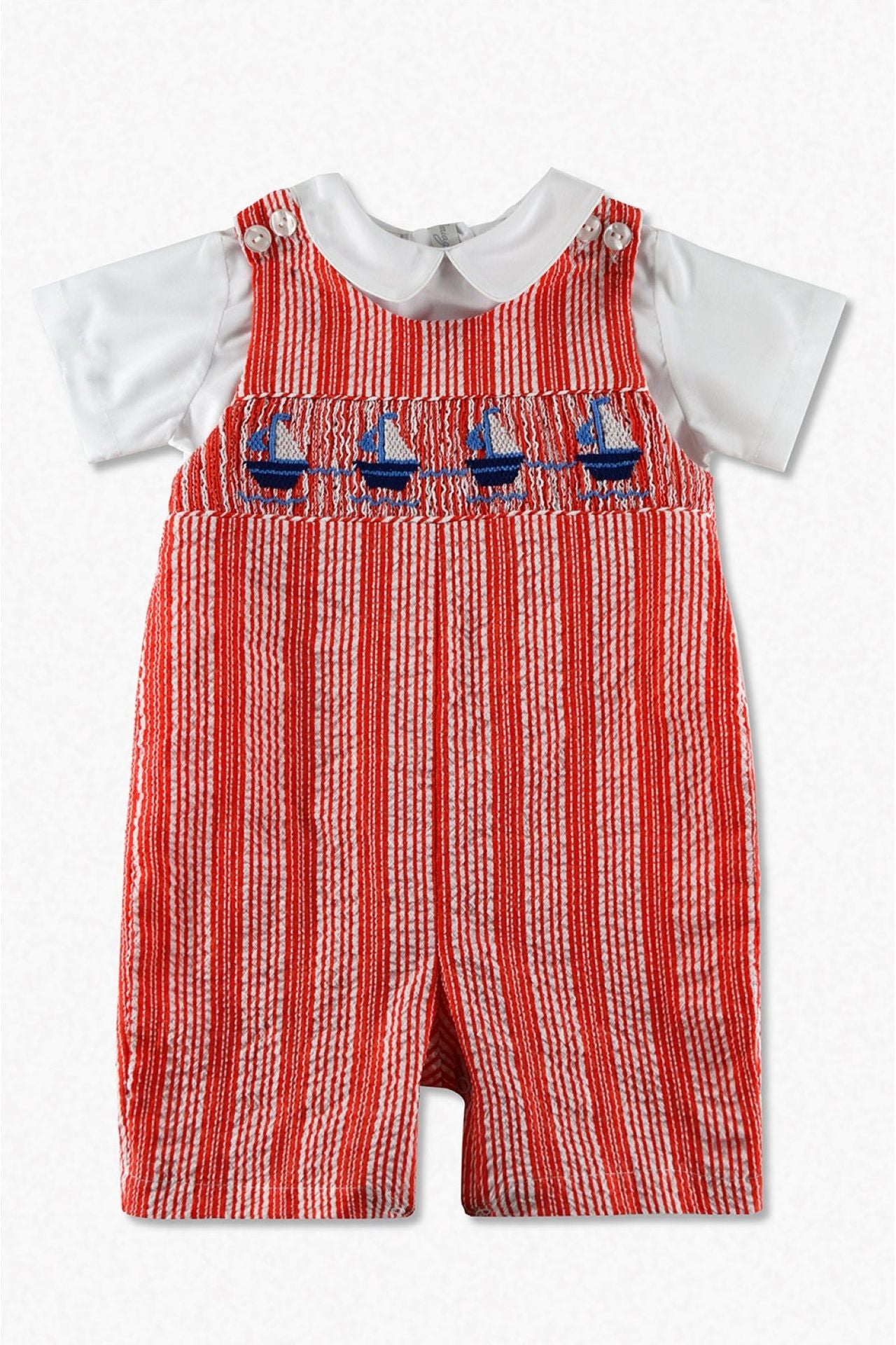 Smocked Sailboats Seersucker Baby Boy Romper - Carriage Boutique