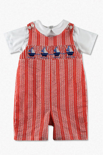 Smocked Sailboats Seersucker Baby Boy Romper - Carriage Boutique