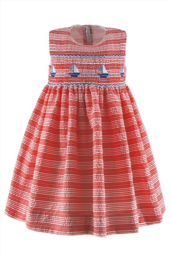 Anavini Baby Girls Pink Seersucker Smocked Sailboats Bubble - Side Bows main image 0