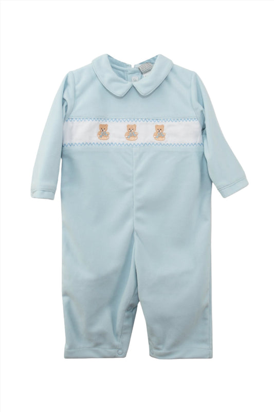 Smocked Teddy Bear Blue Baby Boy Longall