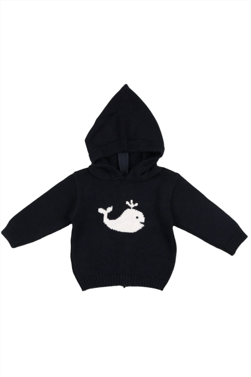 Smocked Whale Hooded Zip Back Baby & Toddler Navy Sweater