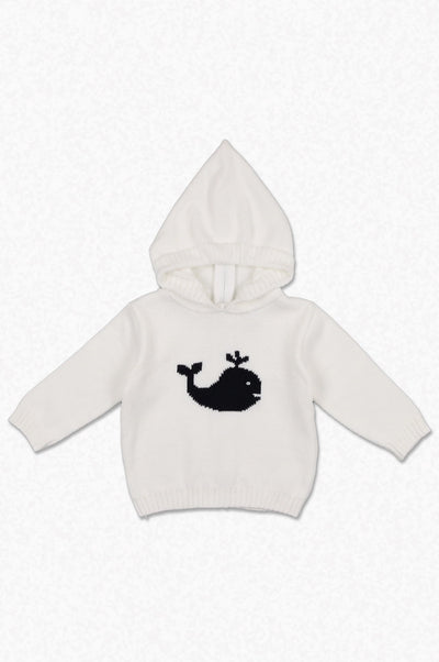 Smocked Whale Hooded Zip Back Baby & Toddler White Sweater - Carriage Boutique