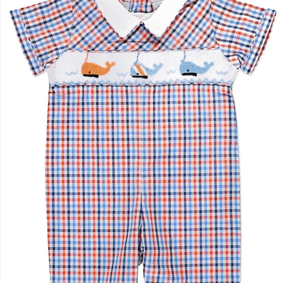 Smocked Whales Plaid Shortall Baby Boy Romper - Carriage Boutique