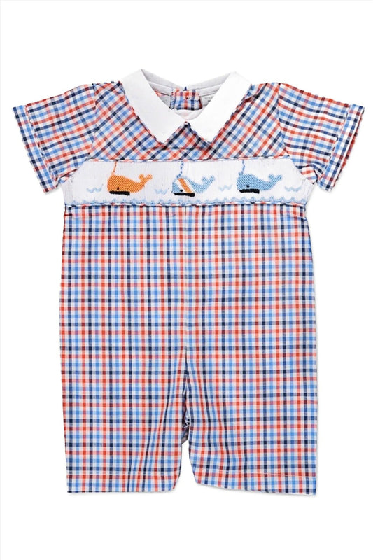 Smocked Whales Plaid Shortall Baby Boy Romper - Carriage Boutique