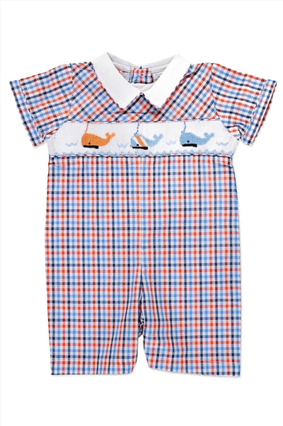 Smocked Whales Plaid Shortall Baby Boy Romper - Carriage Boutique