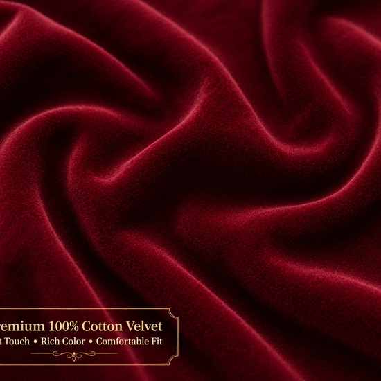 Close-up of red velvet fabric with a label indicating it is premium 100% cotton.