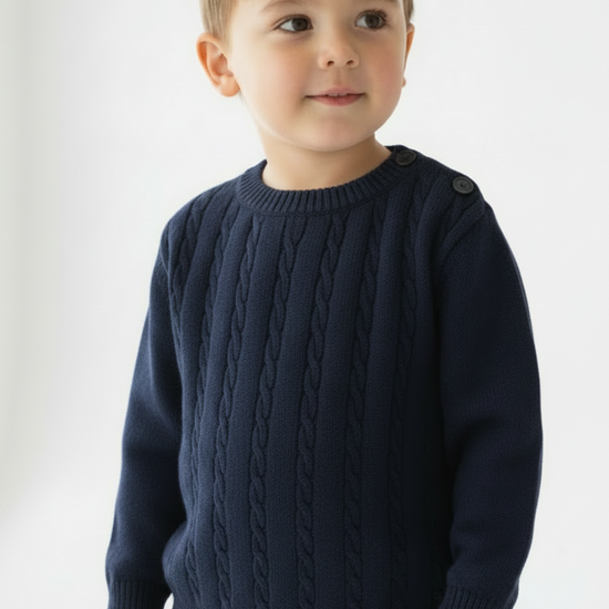Child wearing a navy blue cable knit sweater on a white background