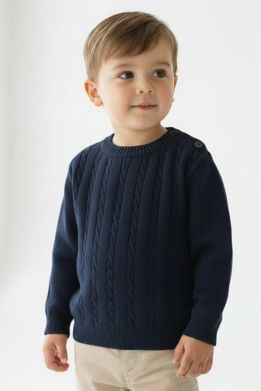 Child wearing a navy blue cable knit sweater on a white background