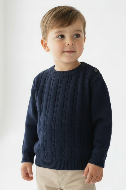 Child wearing a navy blue cable knit sweater on a white background