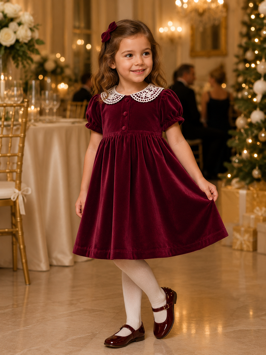 Young girl in a burgundy velvet dress with lace collar in a festive indoor setting.