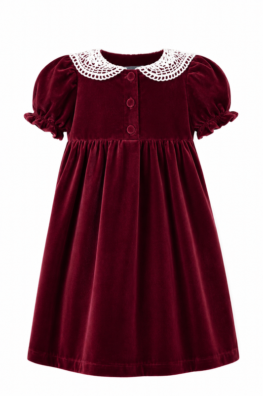 Maroon velvet dress with white lace collar on a white background