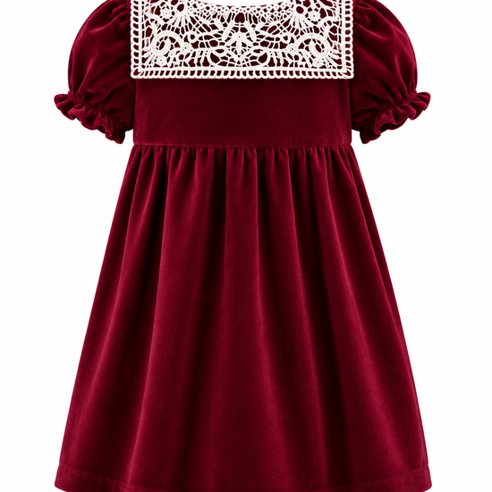 Red dress with lace neckline on a white background