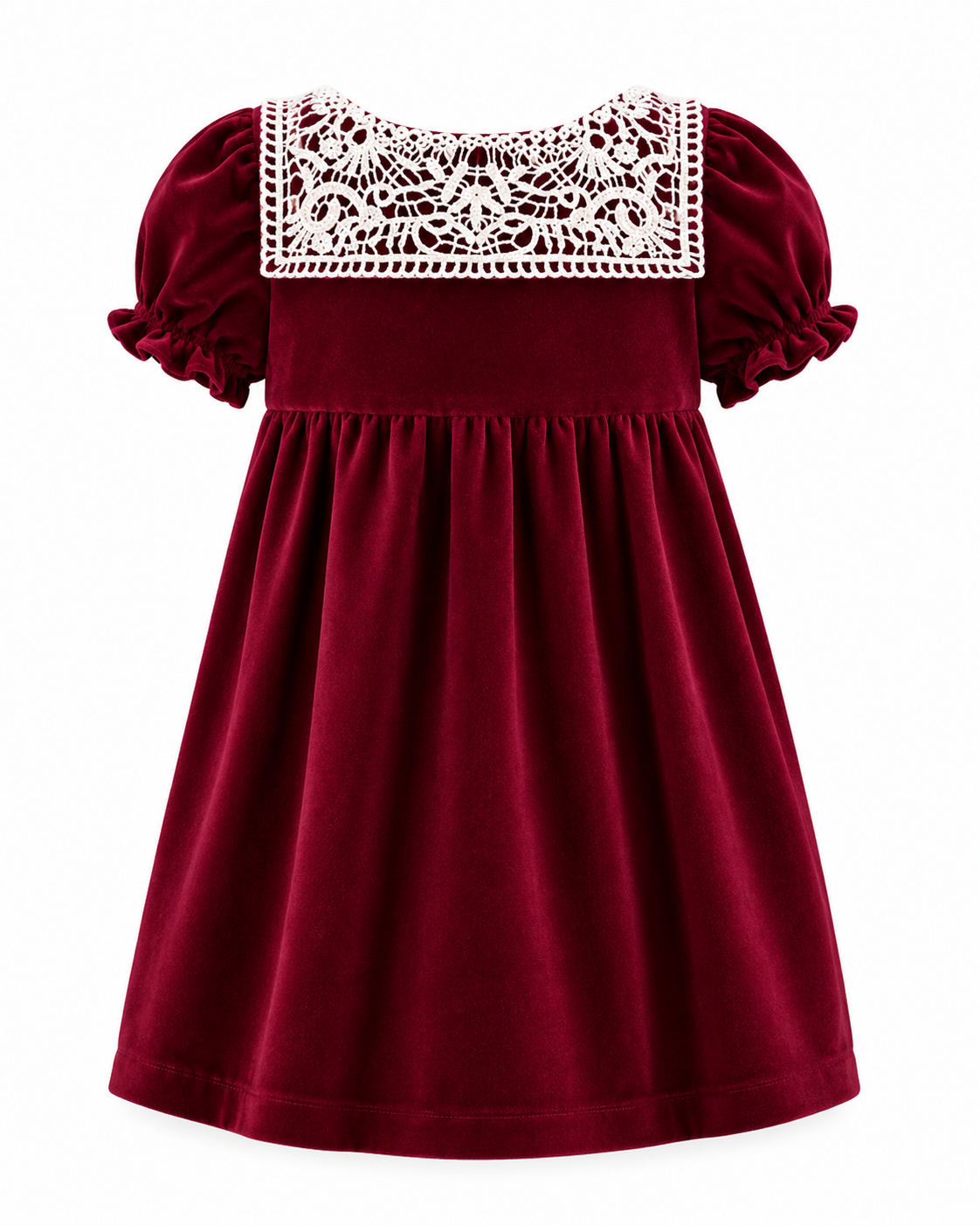 Red dress with lace neckline on a white background