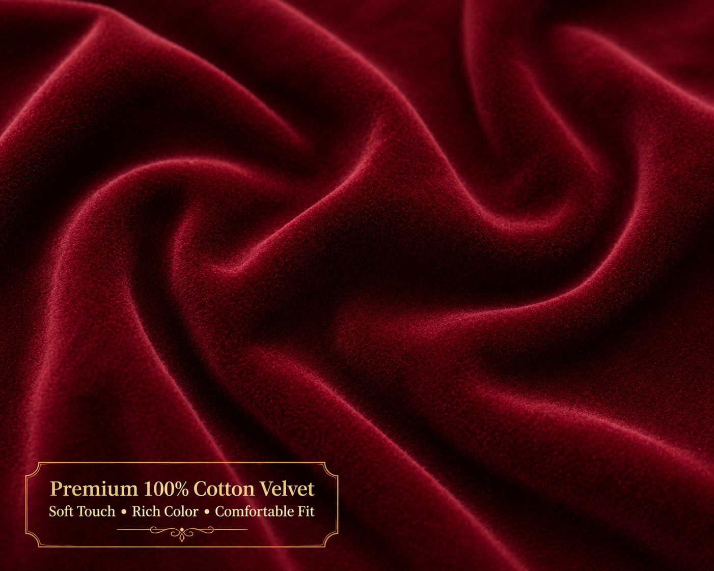 Close-up of red velvet fabric with a label indicating it is premium 100% cotton.