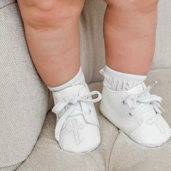 White Baby Cross Embroidery Baptism Shoes - Boy