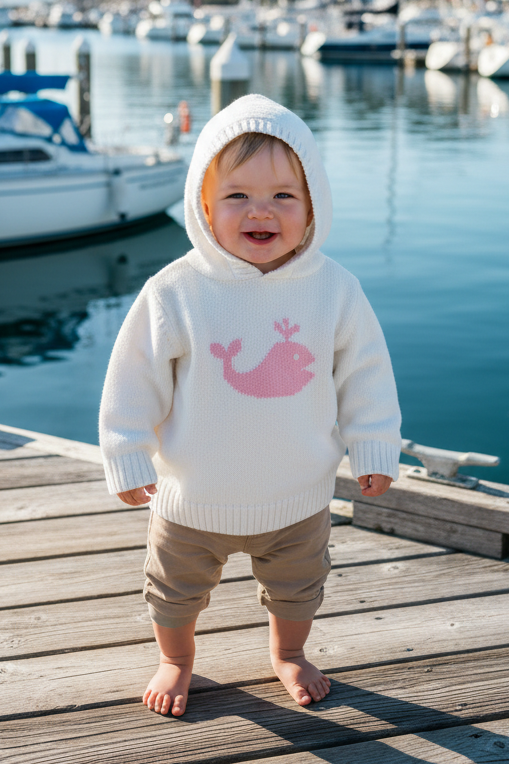 Child wearing a white hoodie with a pink whale design on a wooden dock by a marina.