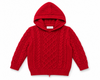 Red knitted hoodie with cable pattern on a white background