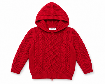Red knitted hoodie with cable pattern on a white background
