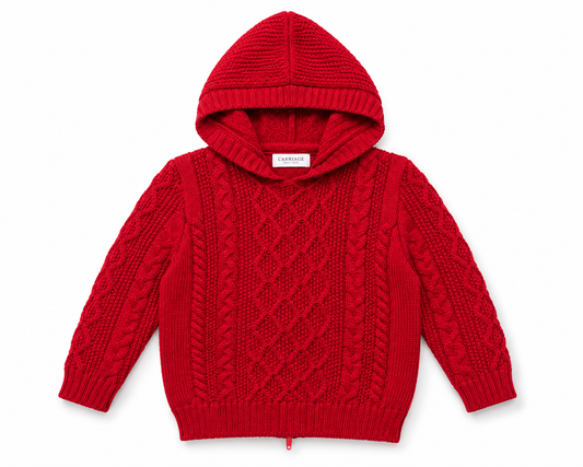 Red knitted hoodie with cable pattern on a white background