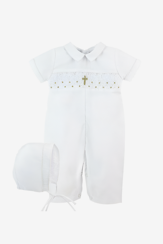 Hand Smocked Cross Longall Baby Boy Christening Outfit with Bonnet