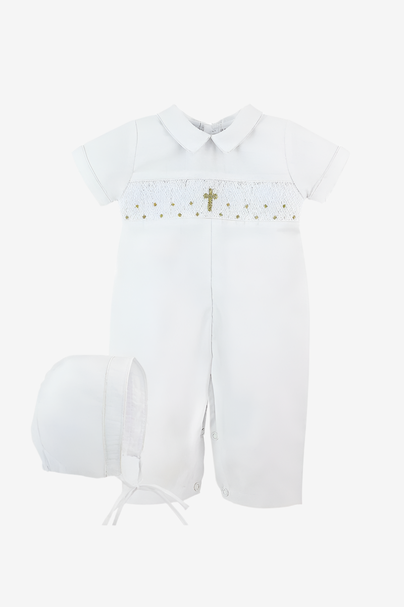 Hand Smocked Cross Longall Baby Boy Christening Outfit with Bonnet