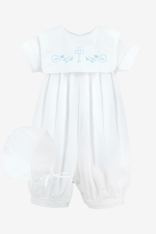 Long Romper Embroidered Cross Baby Boy Christening Outfit