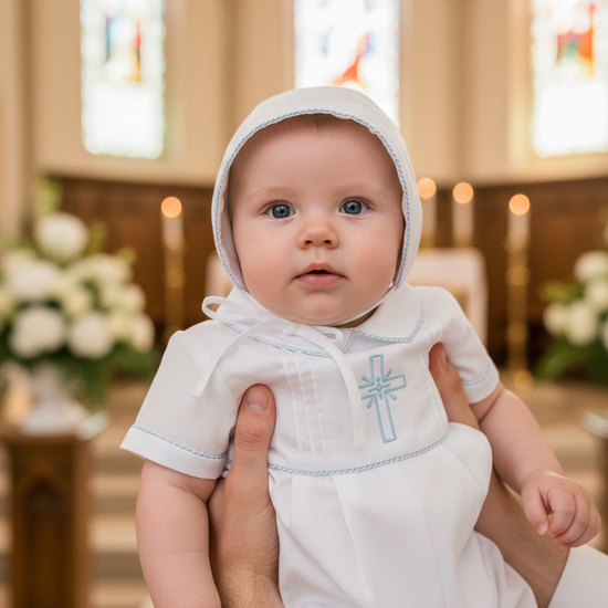 Baby in a white outfit with a cross, held in a church setting with stained glass windows.