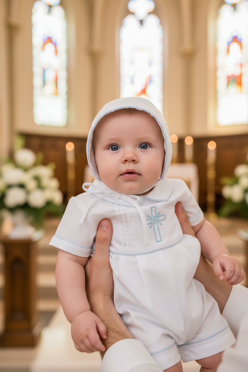 Baby in a white outfit with a cross, held in a church setting with stained glass windows.
